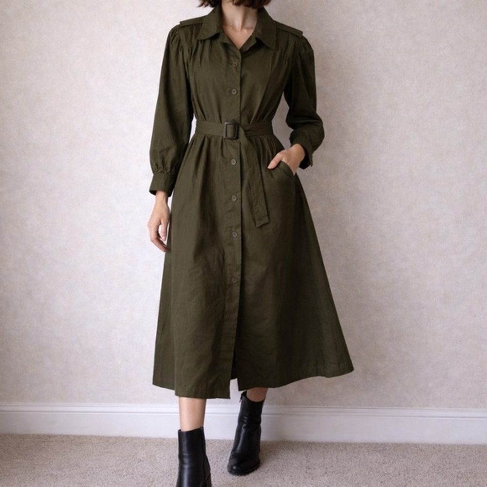 Vintage 90s Legend Olive Green Trench Coat Dress Belted Size 6‎